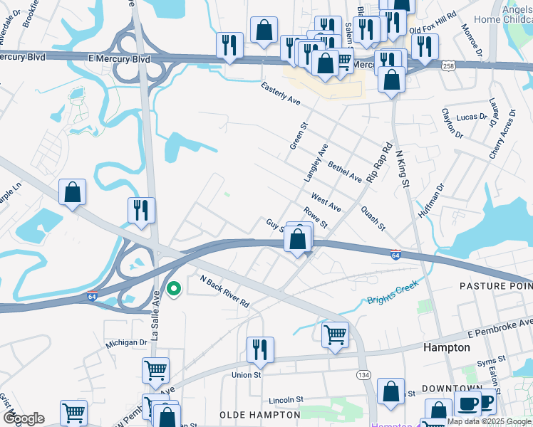 map of restaurants, bars, coffee shops, grocery stores, and more near 1215 Guy Street in Hampton