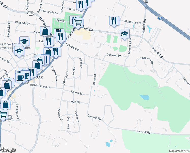 map of restaurants, bars, coffee shops, grocery stores, and more near 132 Milton Drive in Paducah
