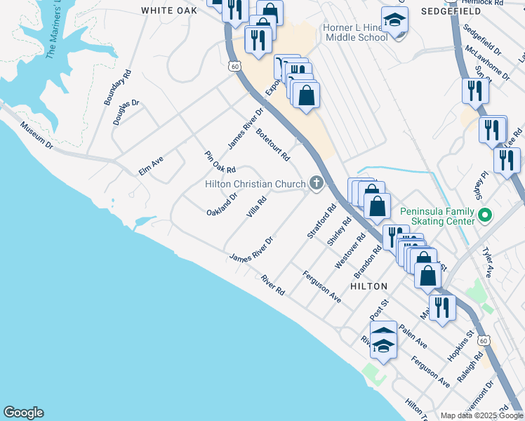 map of restaurants, bars, coffee shops, grocery stores, and more near 110 Villa Road in Newport News