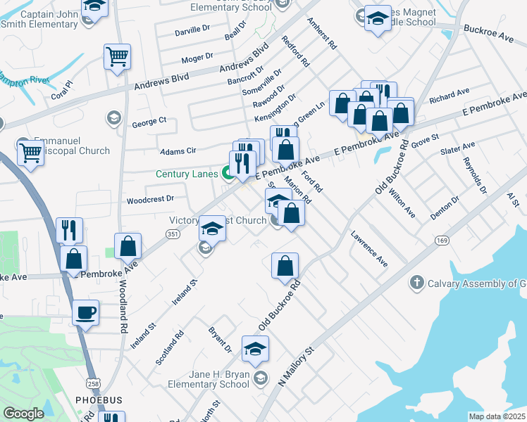 map of restaurants, bars, coffee shops, grocery stores, and more near 511 Shelton Road in Hampton