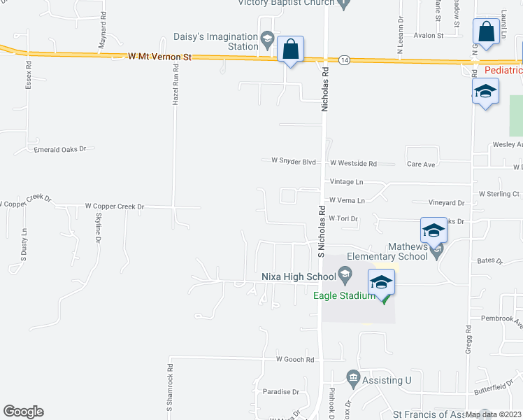 map of restaurants, bars, coffee shops, grocery stores, and more near 1320 Carriage Court in Nixa
