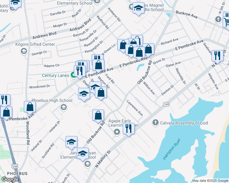 map of restaurants, bars, coffee shops, grocery stores, and more near 426 Marion Road in Hampton