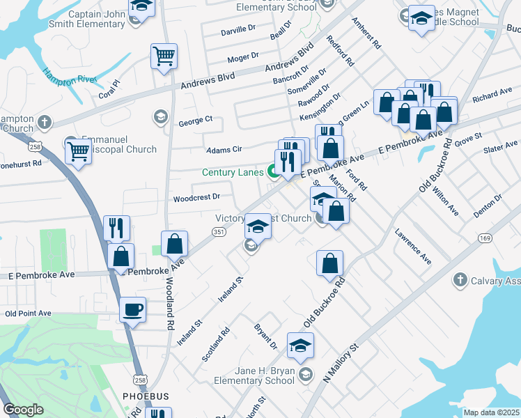map of restaurants, bars, coffee shops, grocery stores, and more near 1510 East Pembroke Avenue in Hampton