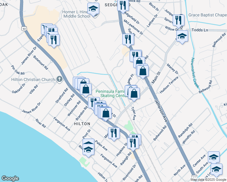 map of restaurants, bars, coffee shops, grocery stores, and more near 410 Hosier Street in Newport News