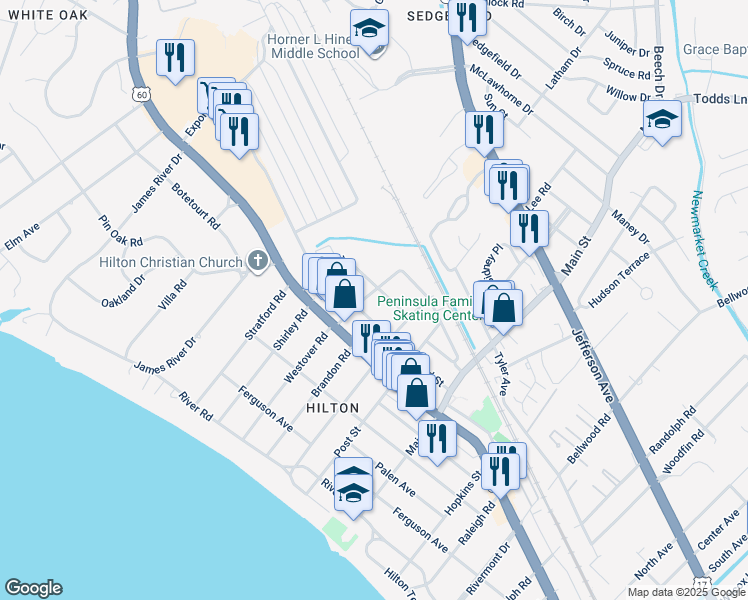 map of restaurants, bars, coffee shops, grocery stores, and more near 106 Westover Road in Newport News