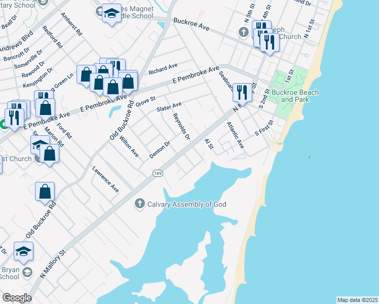 map of restaurants, bars, coffee shops, grocery stores, and more near 3 Seaview Drive in Hampton