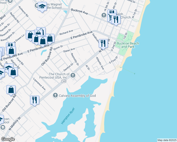 map of restaurants, bars, coffee shops, grocery stores, and more near 12 Al Street in Hampton