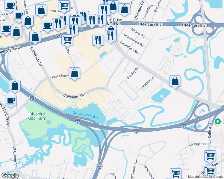 map of restaurants, bars, coffee shops, grocery stores, and more near 600 Freeman Drive in Hampton