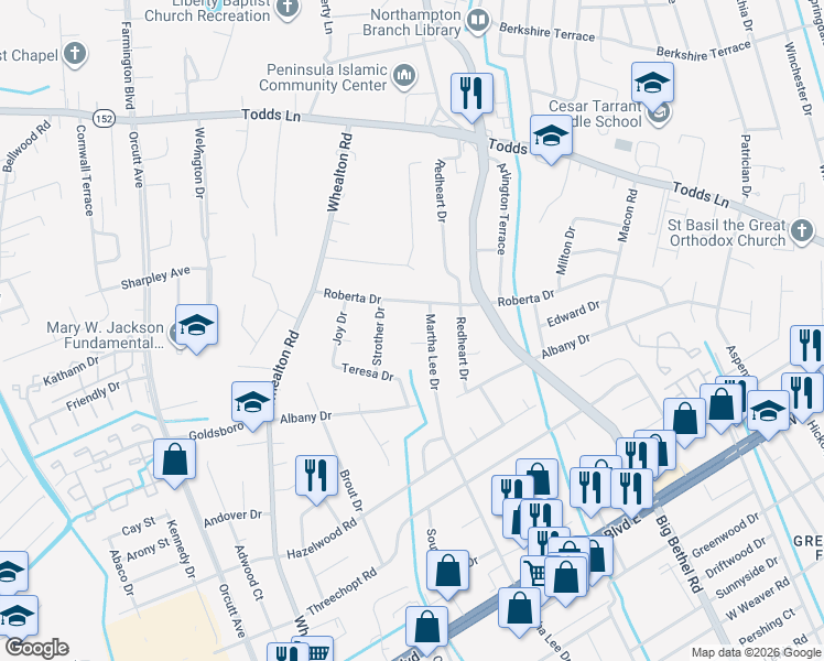 map of restaurants, bars, coffee shops, grocery stores, and more near 6 Belmont Place in Hampton