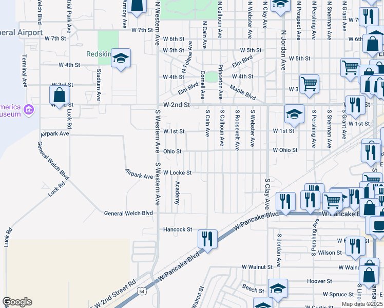 map of restaurants, bars, coffee shops, grocery stores, and more near Ohio Street in Liberal
