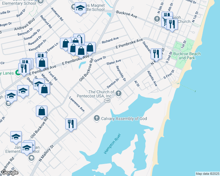 map of restaurants, bars, coffee shops, grocery stores, and more near 1520 Denton Drive in Hampton