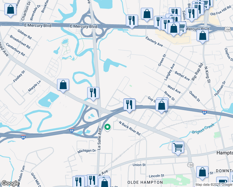 map of restaurants, bars, coffee shops, grocery stores, and more near 1325 Thomas Street in Hampton