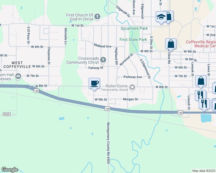 map of restaurants, bars, coffee shops, grocery stores, and more near 798 South Overlook Drive in Coffeyville