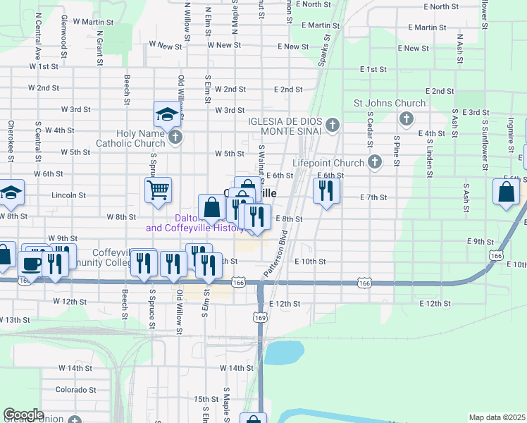 map of restaurants, bars, coffee shops, grocery stores, and more near 717 South Walnut Street in Coffeyville
