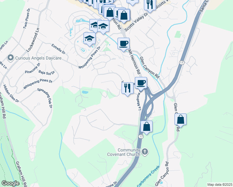 map of restaurants, bars, coffee shops, grocery stores, and more near 100 Camino Sinuoso in Scotts Valley