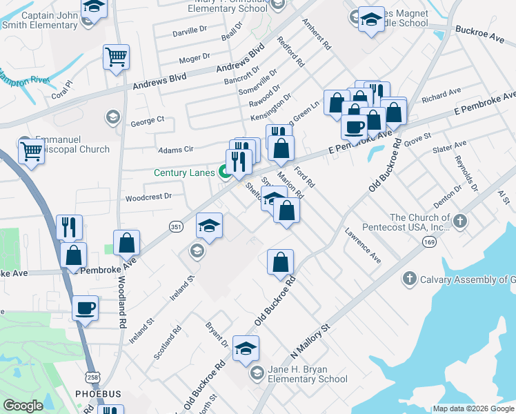 map of restaurants, bars, coffee shops, grocery stores, and more near 520 Price Street in Hampton
