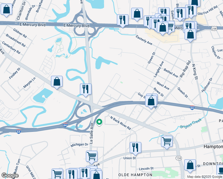 map of restaurants, bars, coffee shops, grocery stores, and more near 1317 Thomas Street in Hampton