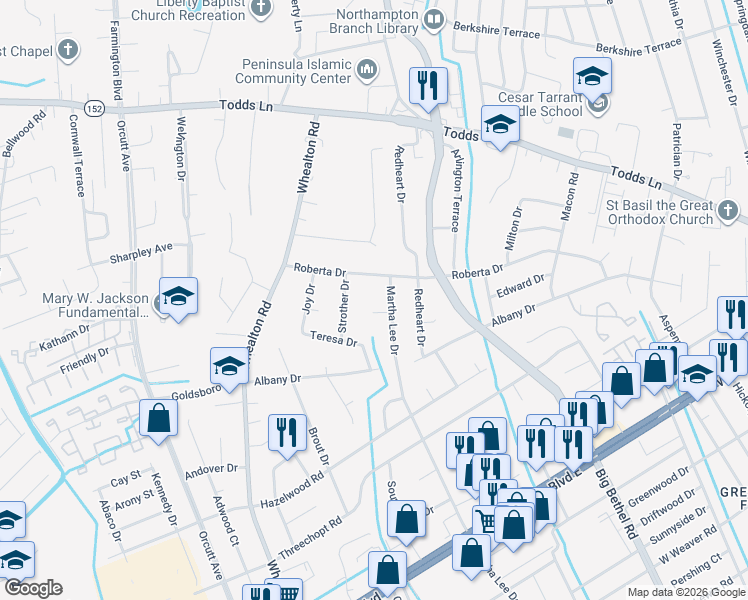 map of restaurants, bars, coffee shops, grocery stores, and more near 6 Belmont Place in Hampton