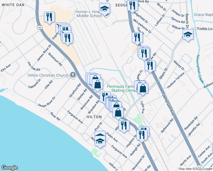 map of restaurants, bars, coffee shops, grocery stores, and more near 509 Hamlin Street in Newport News