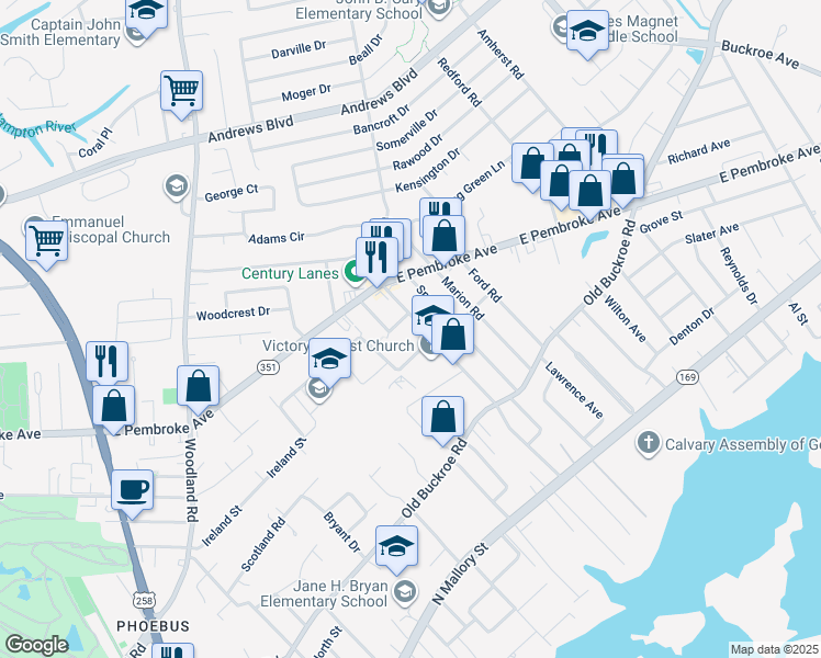 map of restaurants, bars, coffee shops, grocery stores, and more near 511 Shelton Road in Hampton