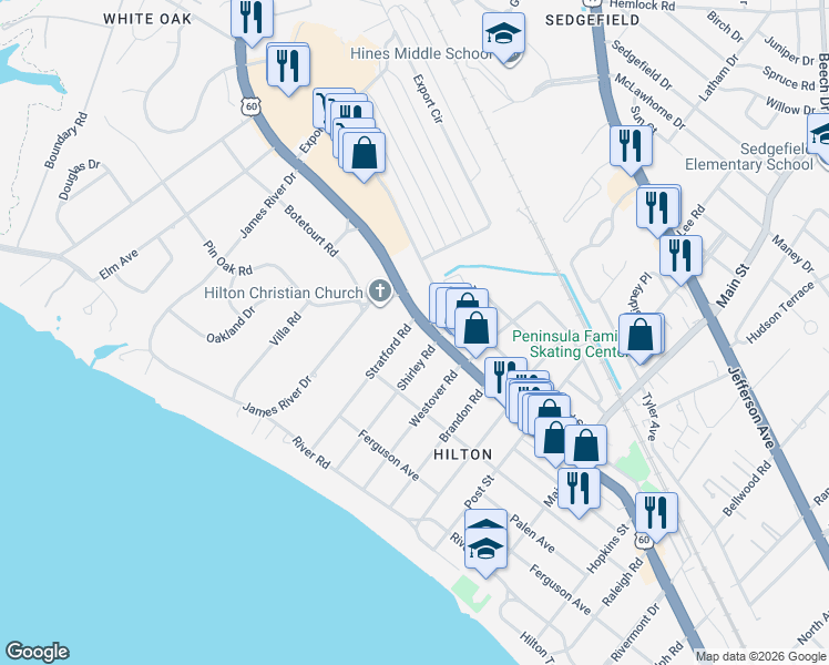 map of restaurants, bars, coffee shops, grocery stores, and more near 54 Stratford Road in Newport News