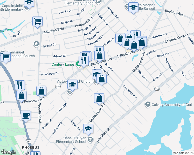 map of restaurants, bars, coffee shops, grocery stores, and more near 506 Shelton Road in Hampton