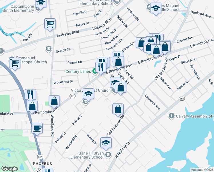 map of restaurants, bars, coffee shops, grocery stores, and more near 1530 Anthony Drive in Hampton
