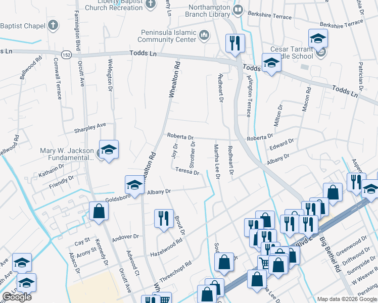 map of restaurants, bars, coffee shops, grocery stores, and more near 461 Strother Drive in Hampton