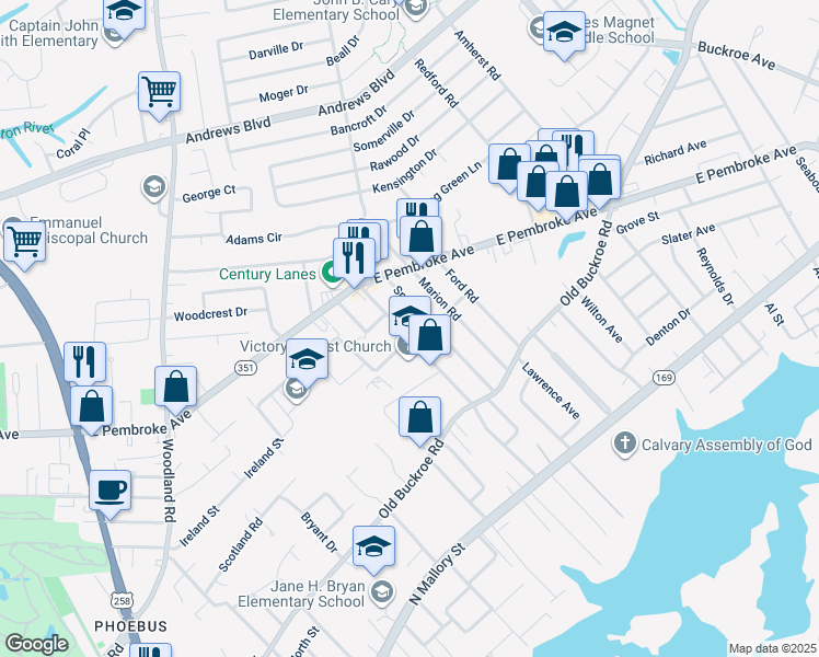 map of restaurants, bars, coffee shops, grocery stores, and more near 506 Shelton Road in Hampton