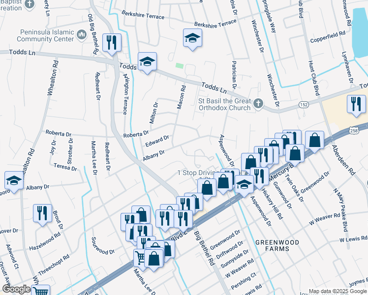 map of restaurants, bars, coffee shops, grocery stores, and more near 228 Albany Dr in Hampton