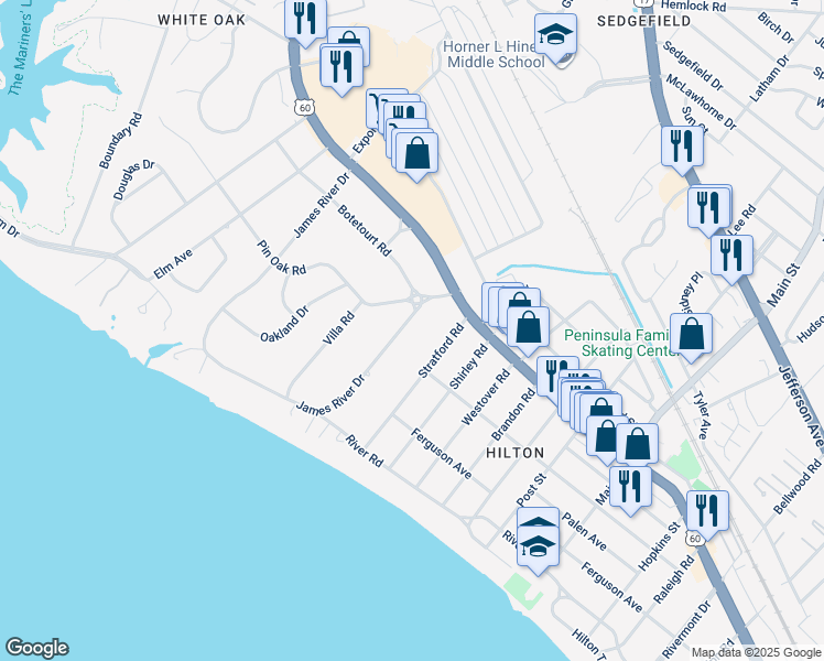map of restaurants, bars, coffee shops, grocery stores, and more near 106 James River Drive in Newport News