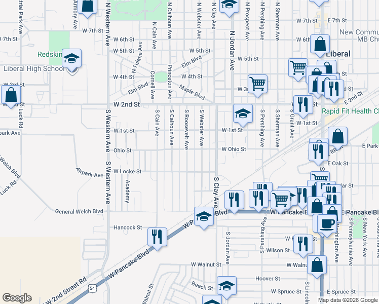 map of restaurants, bars, coffee shops, grocery stores, and more near 822 West Ohio Street in Liberal