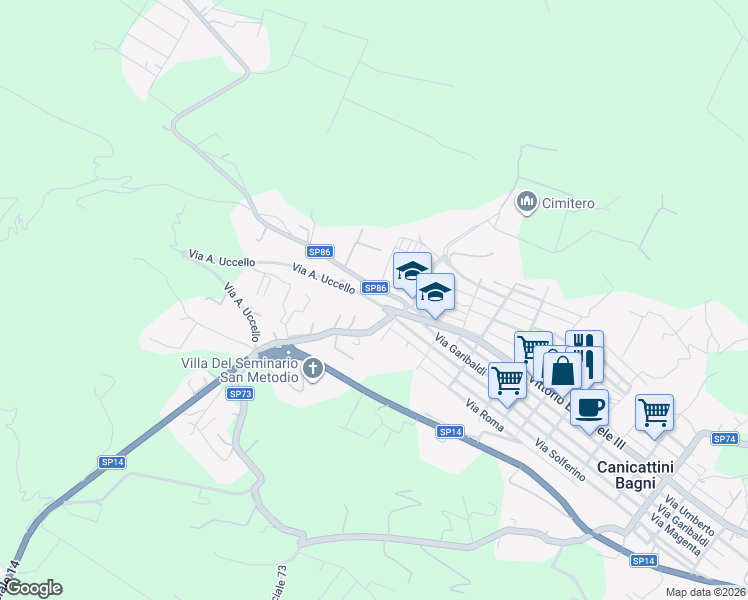 map of restaurants, bars, coffee shops, grocery stores, and more near 7 Via A. Uccello in Canicattini Bagni