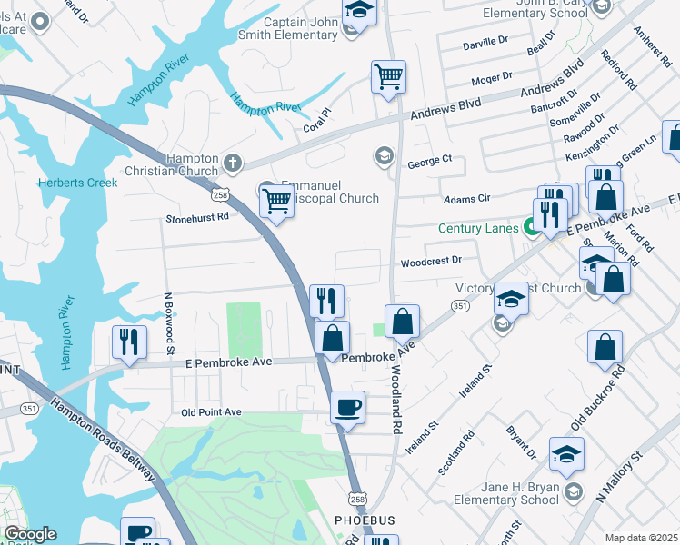 map of restaurants, bars, coffee shops, grocery stores, and more near 234 Canford Drive in Hampton