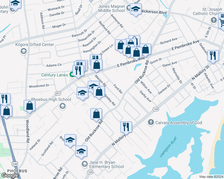 map of restaurants, bars, coffee shops, grocery stores, and more near 428 Marion Road in Hampton