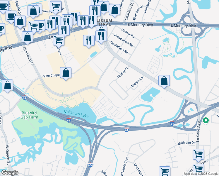 map of restaurants, bars, coffee shops, grocery stores, and more near 120 Findley Square in Hampton