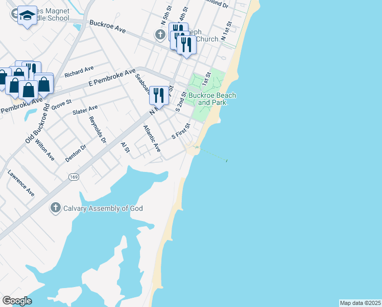 map of restaurants, bars, coffee shops, grocery stores, and more near 1 Thimble Shoals Court in Hampton