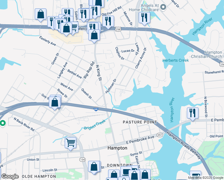 map of restaurants, bars, coffee shops, grocery stores, and more near 58 Huffman Drive in Hampton