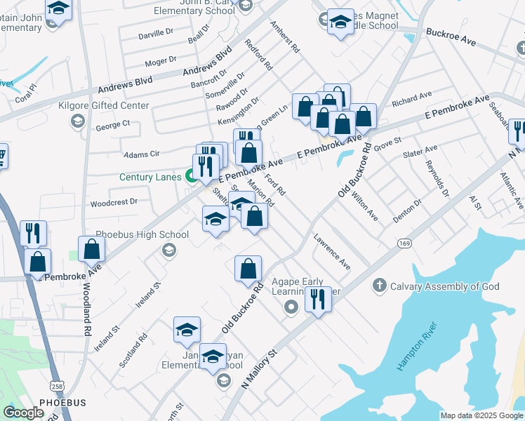 map of restaurants, bars, coffee shops, grocery stores, and more near 446 Smiley Road in Hampton