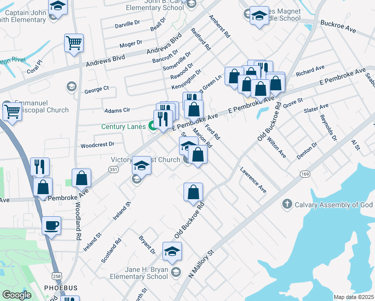 map of restaurants, bars, coffee shops, grocery stores, and more near 508 Shelton Road in Hampton