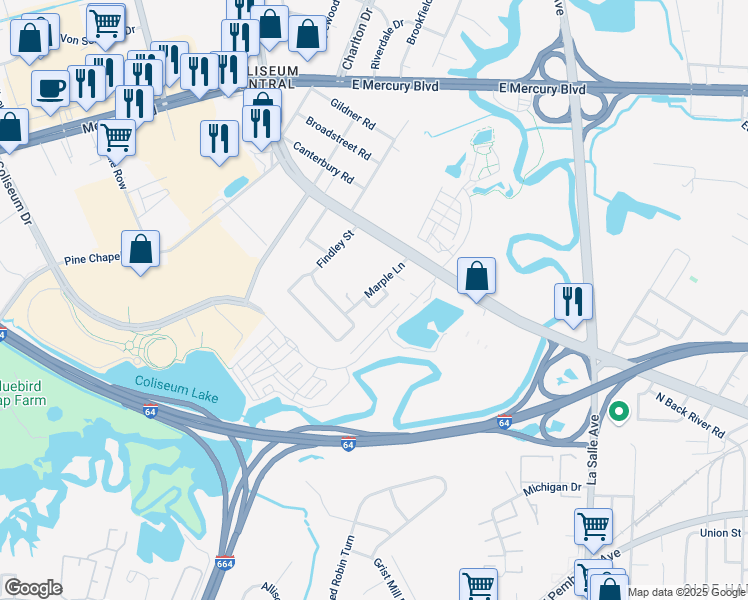 map of restaurants, bars, coffee shops, grocery stores, and more near 20 Ramsey Court in Hampton
