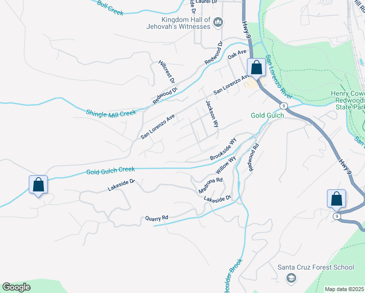 map of restaurants, bars, coffee shops, grocery stores, and more near 582 Manzanita Avenue in Felton