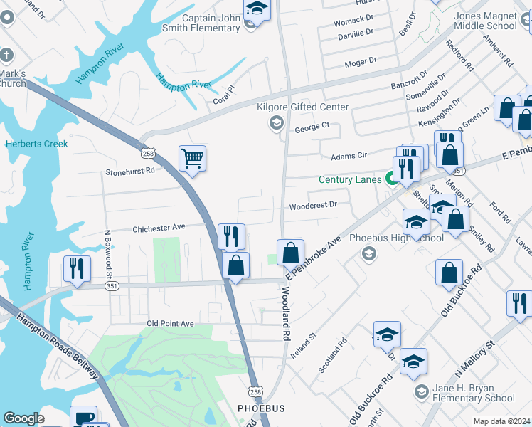 map of restaurants, bars, coffee shops, grocery stores, and more near 1312 Woodcrest Drive in Hampton