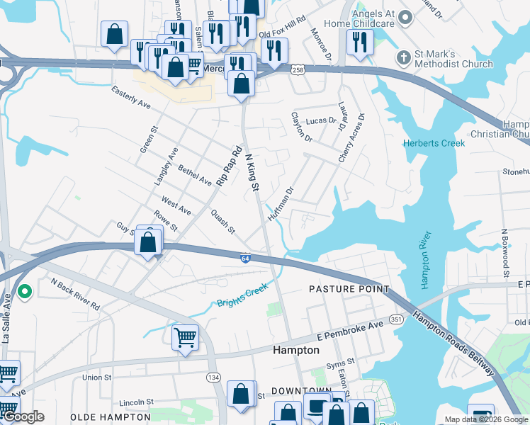 map of restaurants, bars, coffee shops, grocery stores, and more near 844 N King St in Hampton