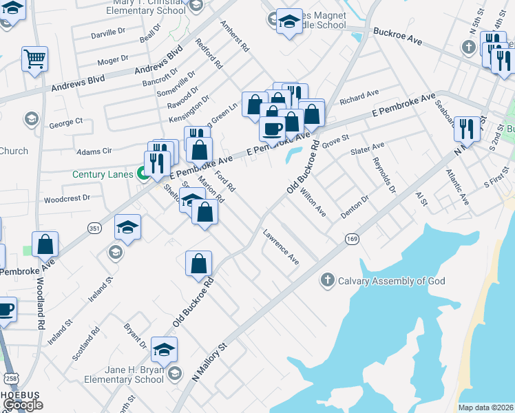 map of restaurants, bars, coffee shops, grocery stores, and more near 1337 Old Buckroe Road in Hampton
