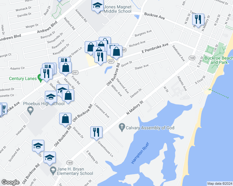 map of restaurants, bars, coffee shops, grocery stores, and more near 329 Wilton Avenue in Hampton