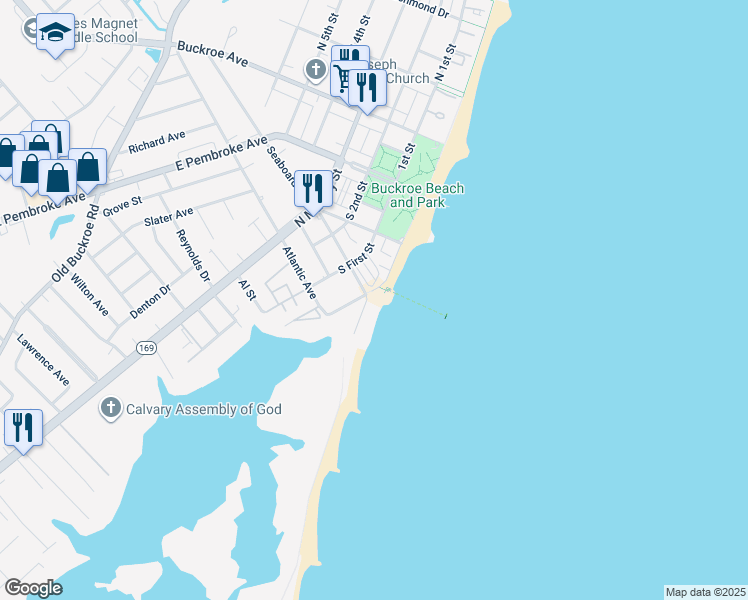 map of restaurants, bars, coffee shops, grocery stores, and more near 1 Thimble Shoals Court in Hampton