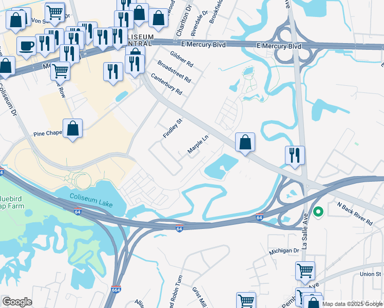 map of restaurants, bars, coffee shops, grocery stores, and more near 20 Ramsey Court in Hampton