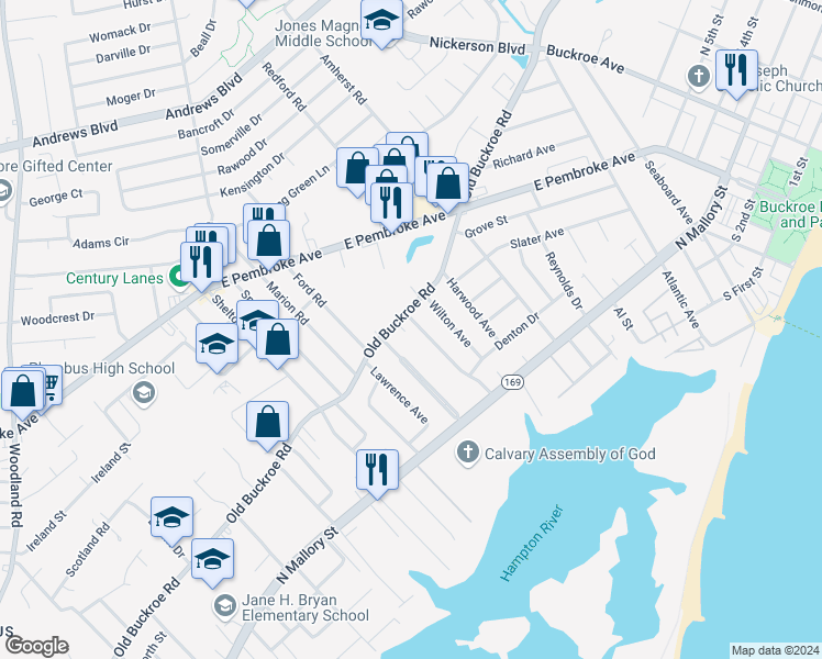 map of restaurants, bars, coffee shops, grocery stores, and more near 339 Darby Avenue in Hampton