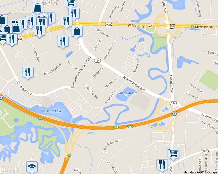 map of restaurants, bars, coffee shops, grocery stores, and more near 20 Ramsey Court in Hampton